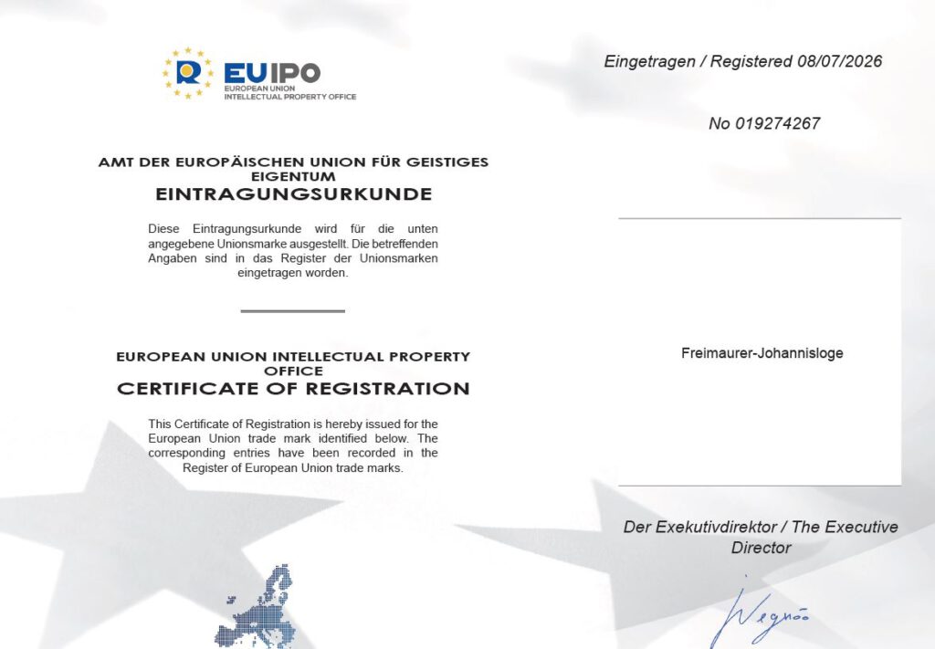 Zertifiakt EUIPO Freimaurer-Johannisloge